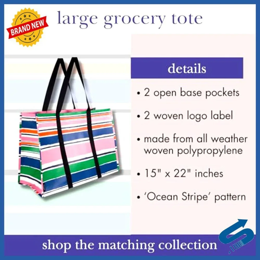 Large Reusable Grocery Tote Bag Oversized Collapsible Striped Shopping Bag
